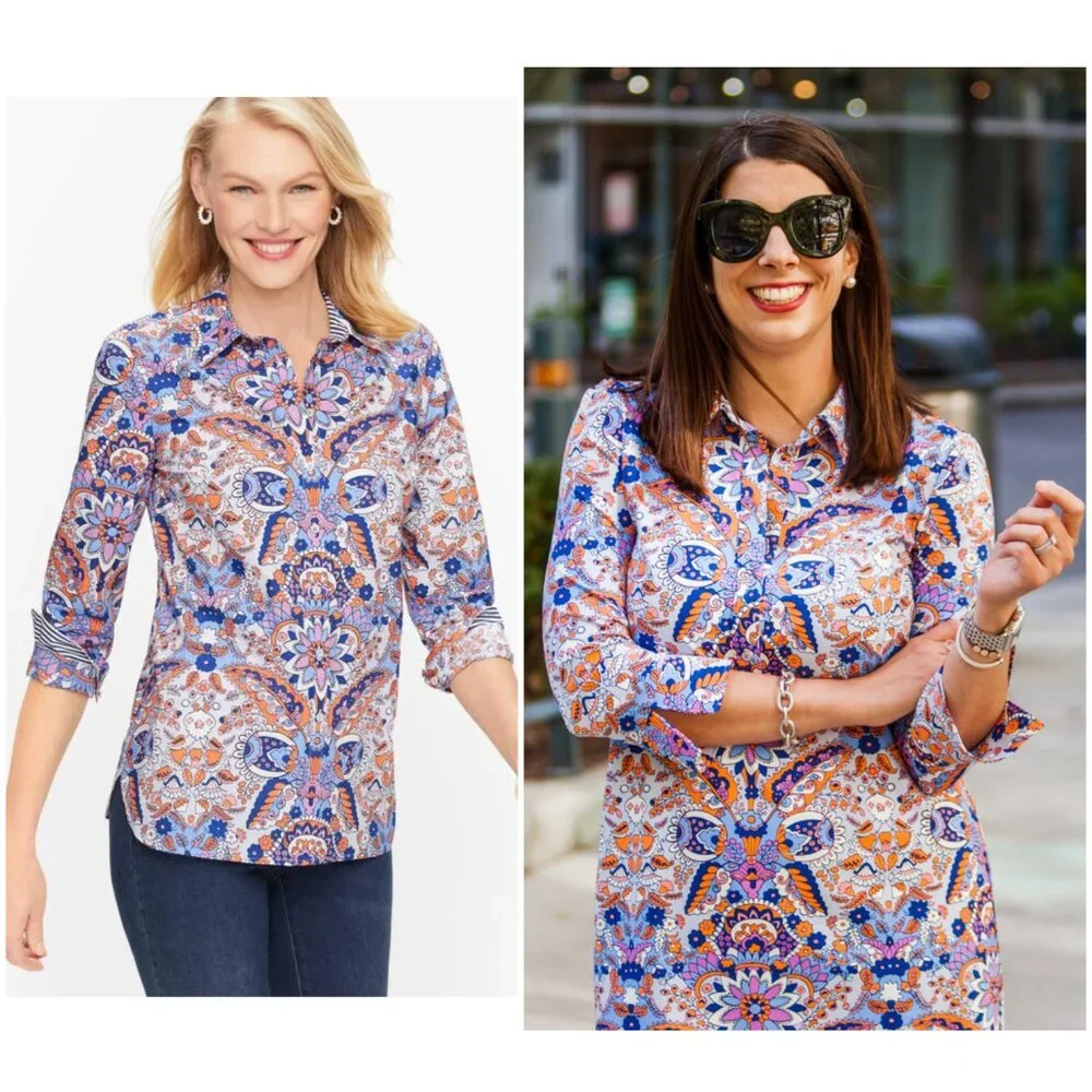 NWOT Talbots Classic Cotton Shirt Button-Up Royal Palm Paisley Floral size 1X